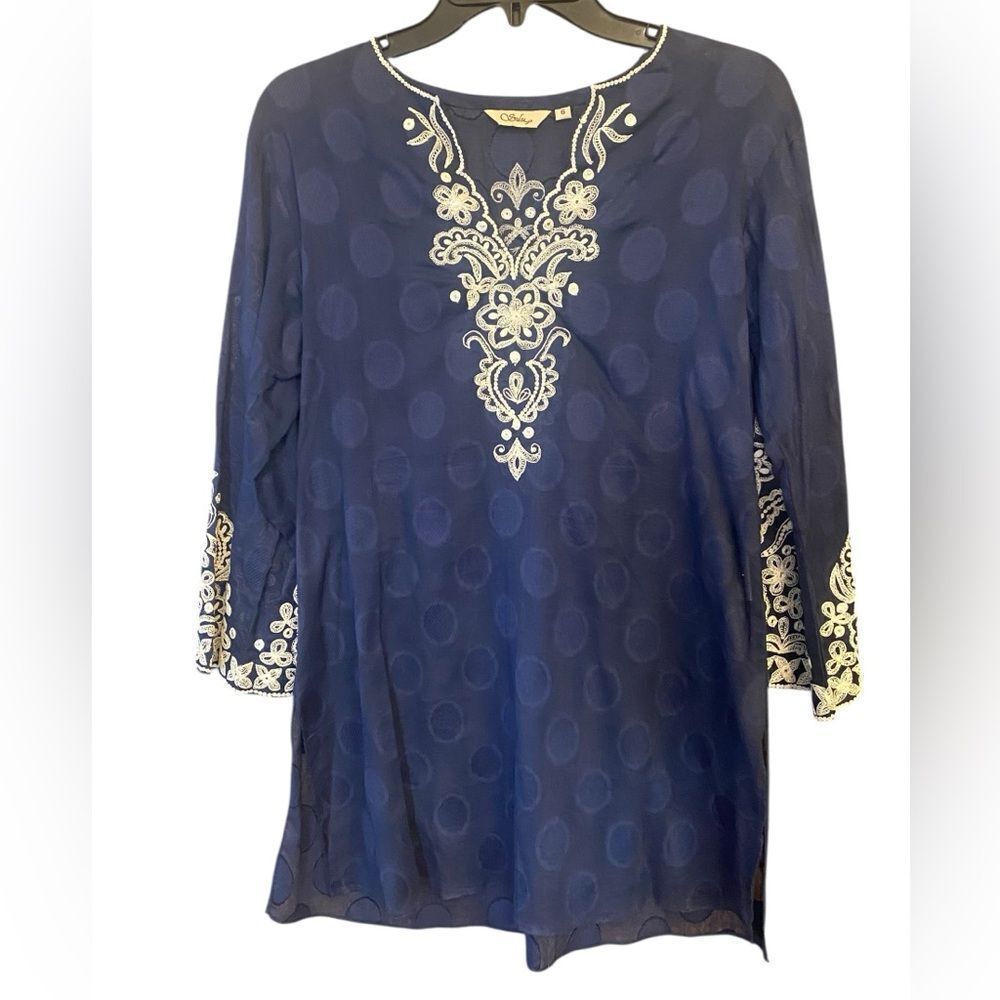 Sulu Sz 6 Navy Blue Ornate Intricate Embroidered Front & Statement Sleeve Tunic